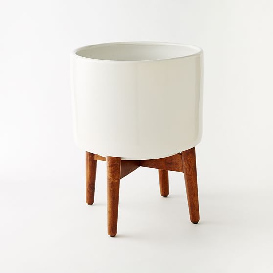 Online Designer Living Room Mid-Century Turned Wood Leg Planter, Ceramic, Wide, 14.6