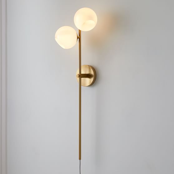 Online Designer Bedroom Staggered Glass Plug In Sconce, Milk, Glass, Antique Brass, Set of 2