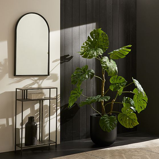 Online Designer Bedroom Faux Potted Monstera Plant + Medium Black Radius Planter Bundle