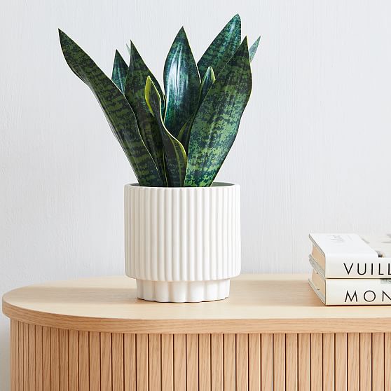 Online Designer Bedroom Faux Snake Plant & Fluted White Ceramic Indoor/Outdoor Tabletop Planter Set