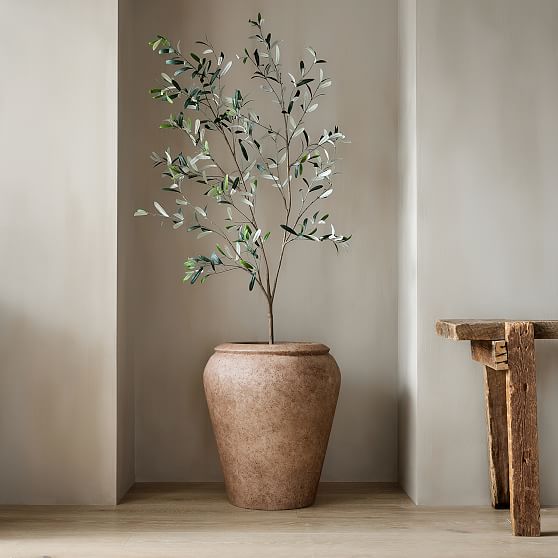 Online Designer Other Faux Potted Black Olive Tree & Large Rustic Ficonstone Planter