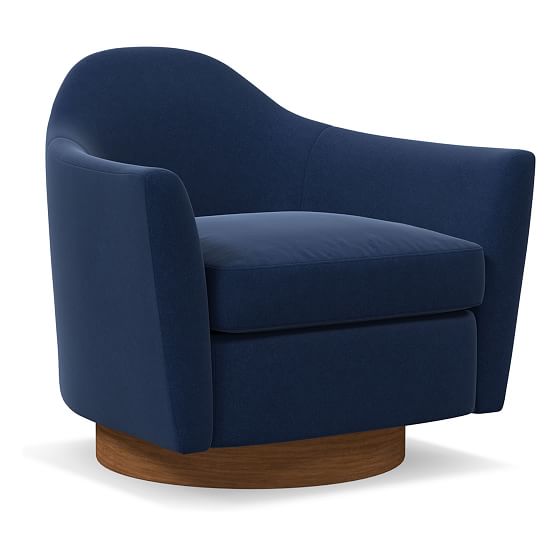 Online Designer Living Room Haven Swivel Chair, Poly, Performance Velvet, Ink Blue, Dark Walnut