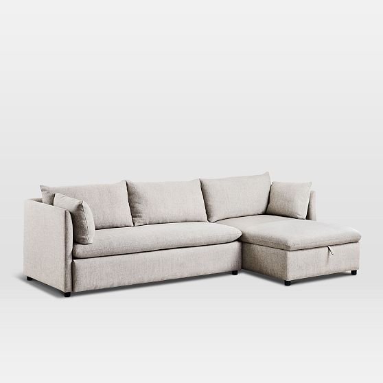 Online Designer Combined Living/Dining Shelter Sectional Set 06: Left Arm Sleeper Sofa, Right Arm Storage Chaise, Poly, Twill, Dove, Concealed Supports