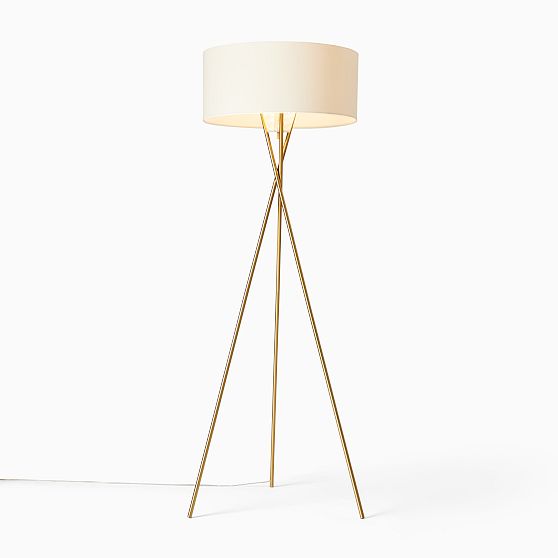 Online Designer Combined Living/Dining Mid-Century Metal Tripod Floor Lamp Antique Brass White Linen (66