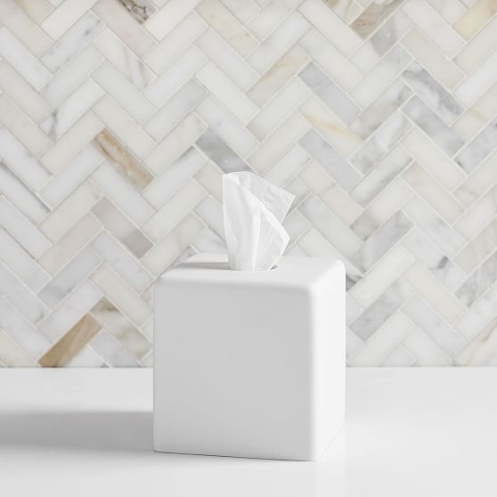 Online Designer Bathroom Modern Resin Stone Tissue Box, White & Antique Brass