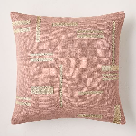 Online Designer Bedroom Embroidered Metallic Blocks Pillow Cover 20x20Pink Stone w Feather Down Pillow Insert