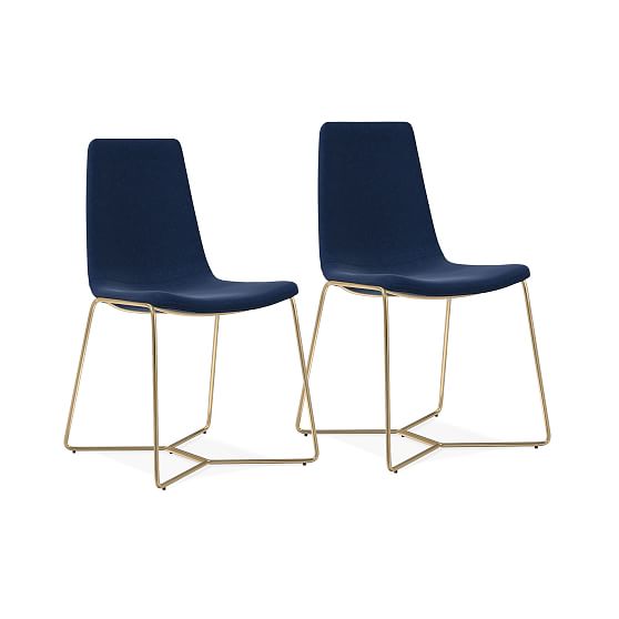 Slope Dining Chair, Set of 2, Performance Velvet, Ink Blue, Antique Brass