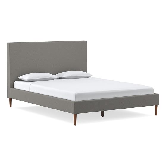 Emmett No Tufting Bed, King, Chenille Tweed, Silver, Cool Walnut Wood