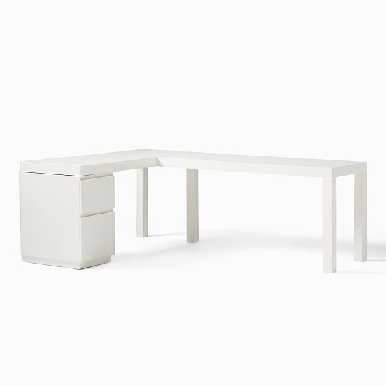 Parsons L-Shaped Desk + File Cabinet Set, White