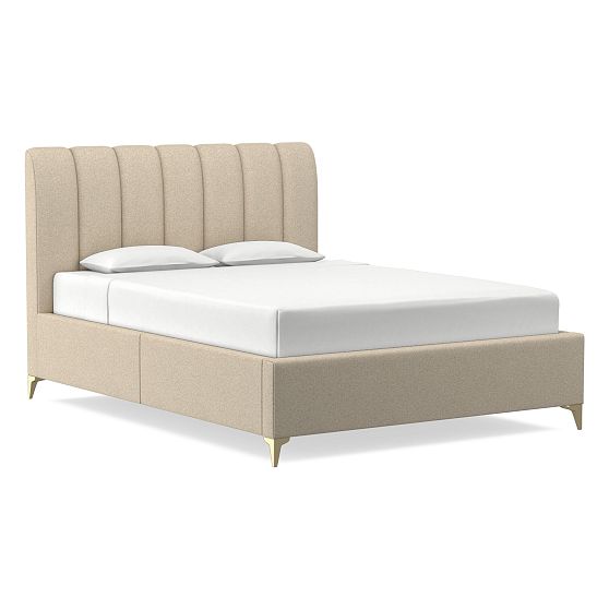 Andes Low Profile Bed, Vertical Tufted, Standard Headboard, Performance Chenille Tweed, Sand, 5" Leg Light Bronze, Full