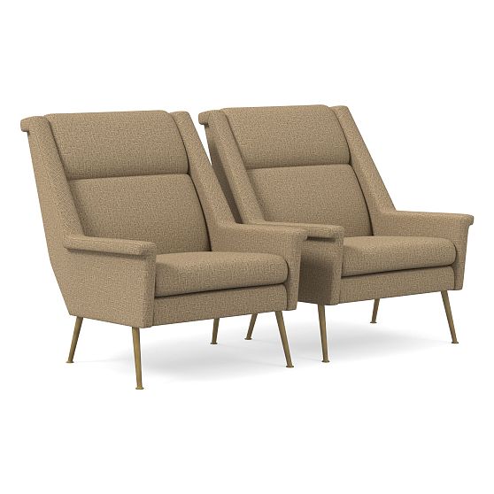 Carlo Midcentury Set of 2: High Back Chair, Deco Weave, Camel, Brass