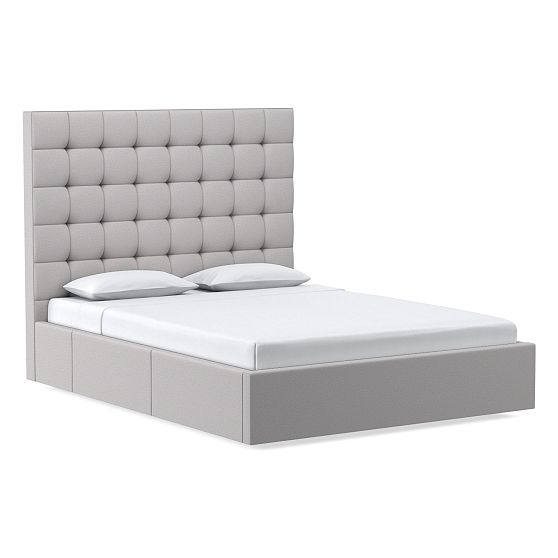 Emmett Tufted Side Storage Bed, Grid Tufted, Tall Headboard, Perf Chenille Tweed, Frost Gray, No Show, King