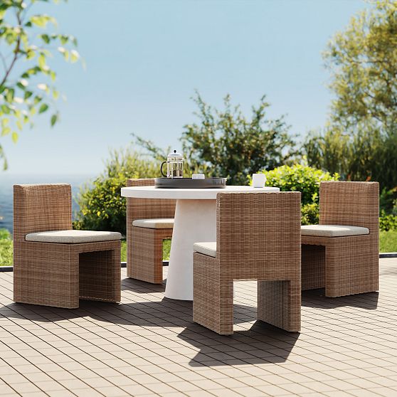 Concrete Pedestal 44in Dining Table, White and 4 Westport Dining Chairs, Natural