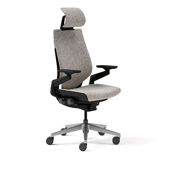 Steelcase Gesture Task Chair w Lumbar, Hard Casters, Headrest Black Frame Medium Gray Upholstered Back / Polished Aluminum