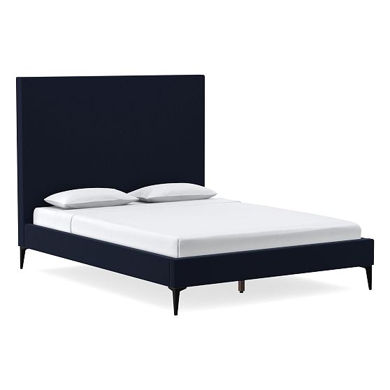 Emmett Tall No Tufting Bed, Full, Distressed Velvet, Ink Blue, Dark Pewter