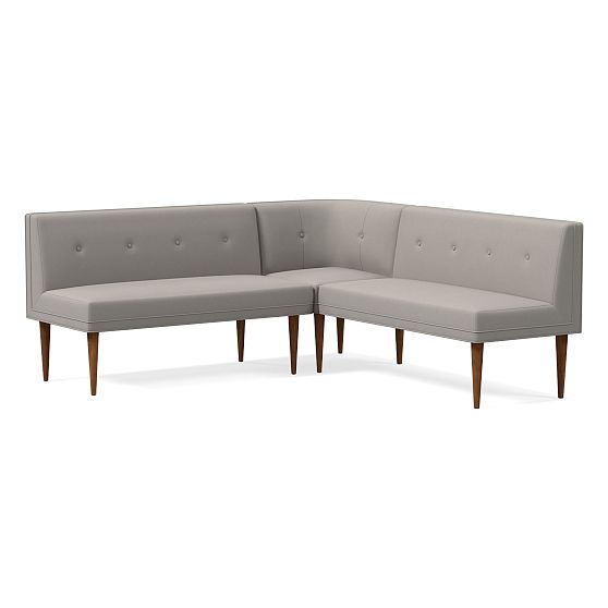 Mid Century Banquette Pack 1: 1 Round Corner + 2 Benches, Performance Velvet, Silver, Pecan