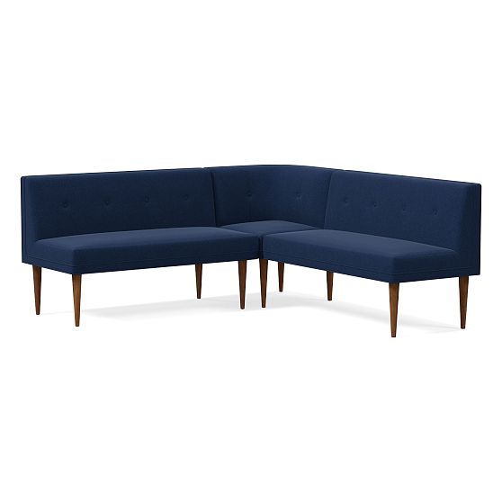 Mid Century Banquette Pack 1: 1 Round Corner + 2 Benches, Performance Velvet, Midnight, Pecan