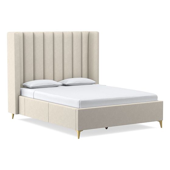 Shelter Side Storage Bed w Tall HB Vert Tufting, Distressed Velvet Alabaster, 5Leg Light BZ, Full