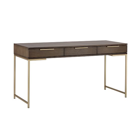 Slim leg 3 Drawer Desk, Gold, Raw Umber