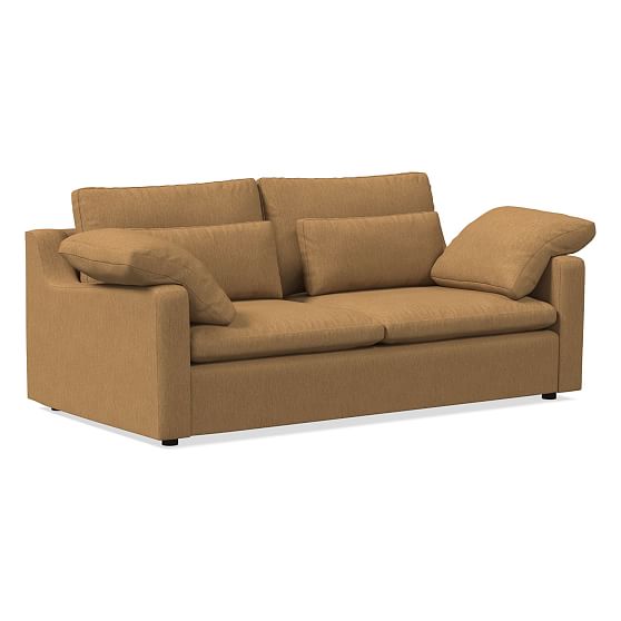 Harmony Swoop Arm 76" Sofa, Down Blend, Golden Oak, Performance Coastal Linen, Concealed Supports