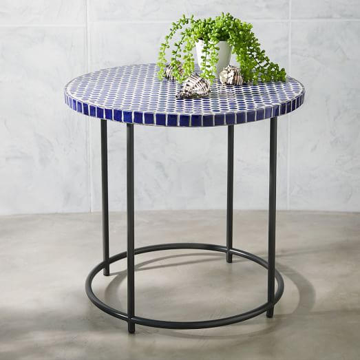 Mosaic Tiled Side Table Blue Penny Top + Metal Base west elm