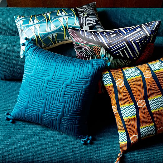 Washed Silk Quilted Pillow Cover Blue Teal west elm