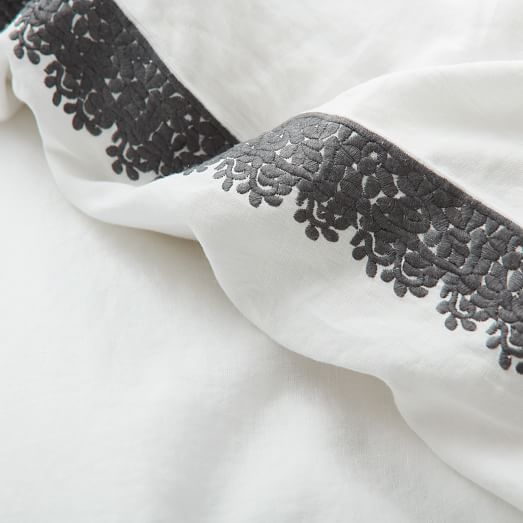 Embroidered Border Linen Duvet Cover + Shams White west elm