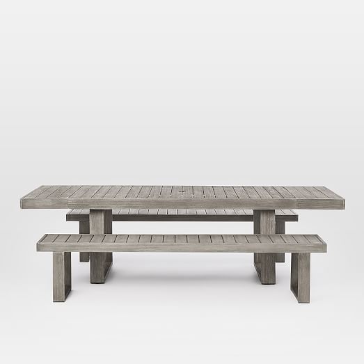 Portside Outdoor Expandable Dining Table + 88.5" Bench Set Weathered