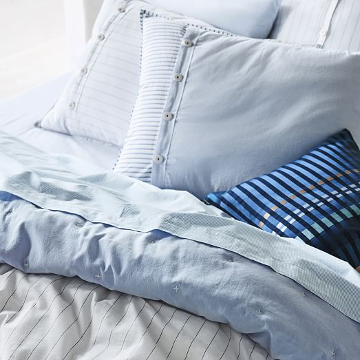 Organic Washed Cotton Percale Stripe Duvet Cover Shams Kyoto Blue
