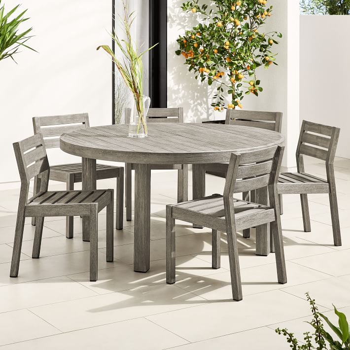 Portside Outdoor 60" Round Dining Table & 6 Solid Wood Chairs Set