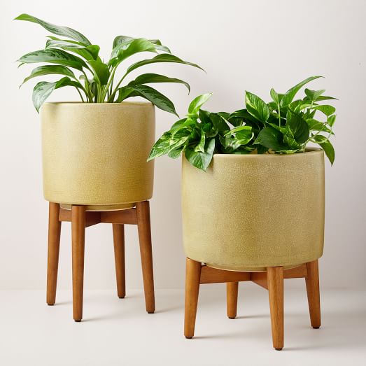 MidCentury Turned Wood Leg Planters White & Gold