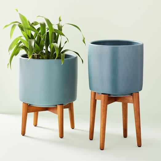 MidCentury Turned Wood Leg Planters White & Gold West Elm
