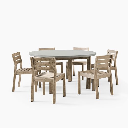 Concrete Outdoor Round Dining Table 6 Portside Solid Wood Chairs Set